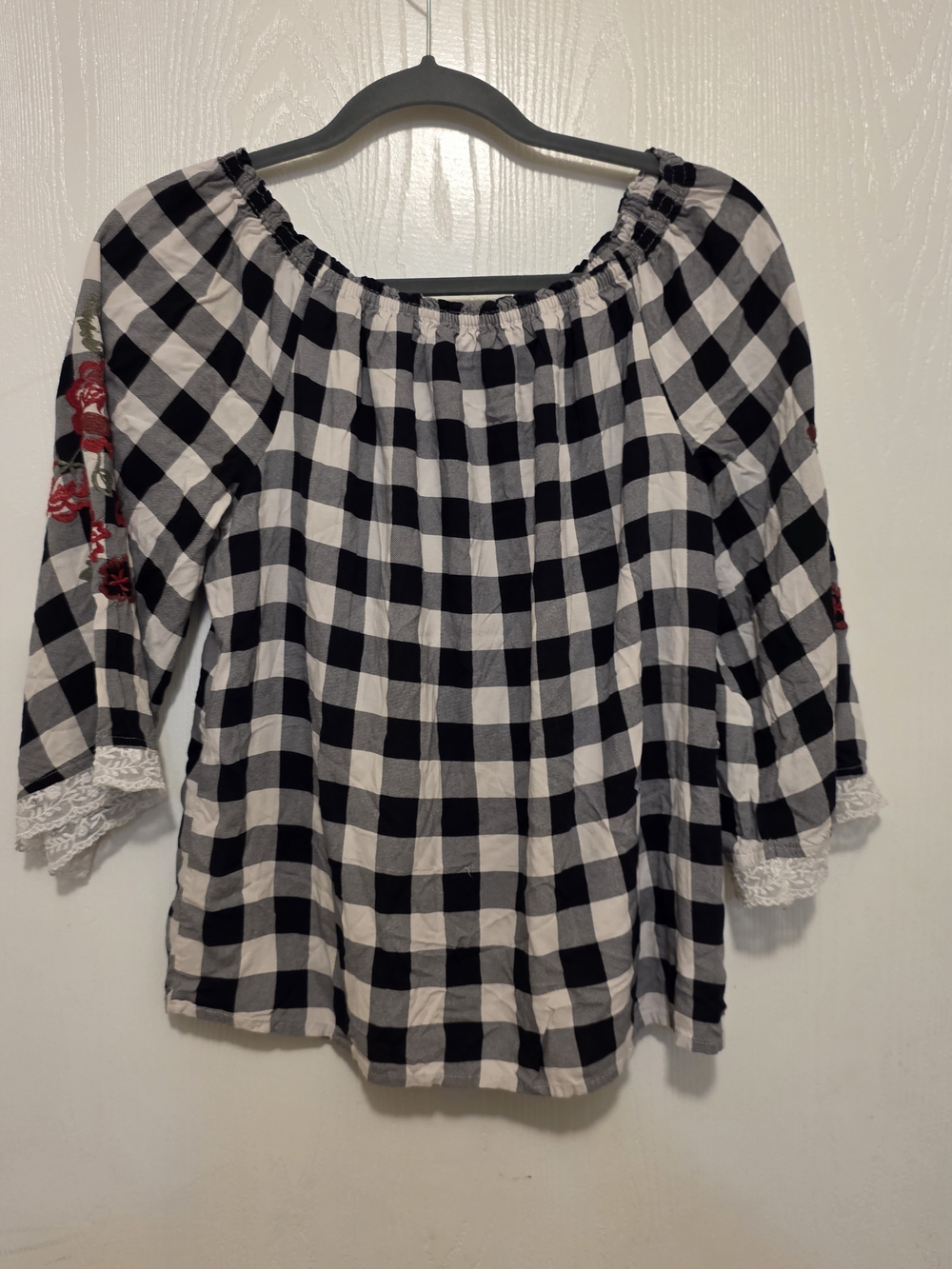 Black & White Gingham Off-Shoulder Top with Red Floral Embroidery